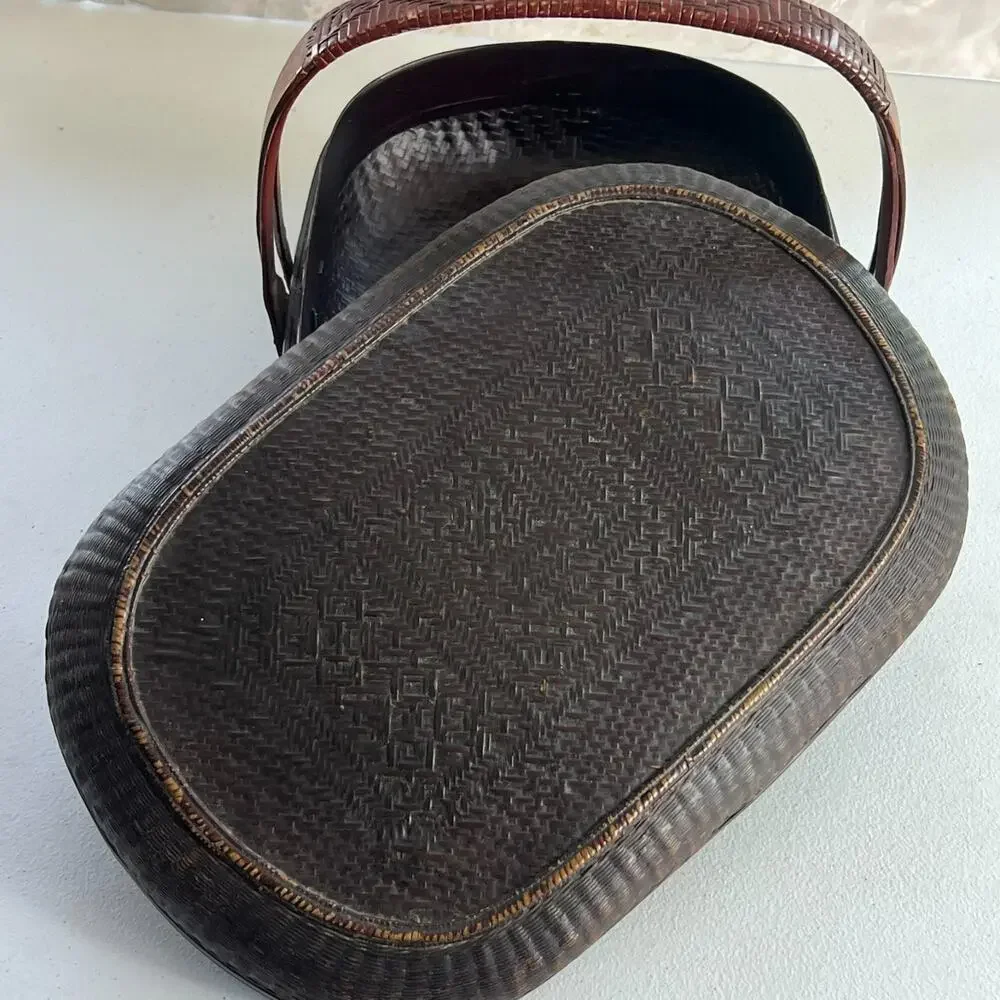 Oriental Chinese Food Bridal Lidded Wicker Bamboo Basket With Handle